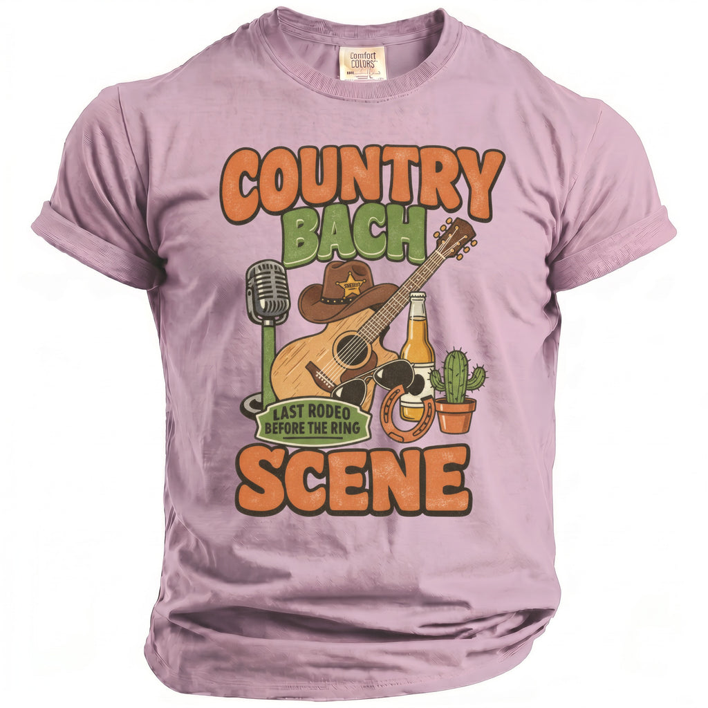 Tshirt with "Country Bach Last Rodeo Before the Ring Scene" graphics.