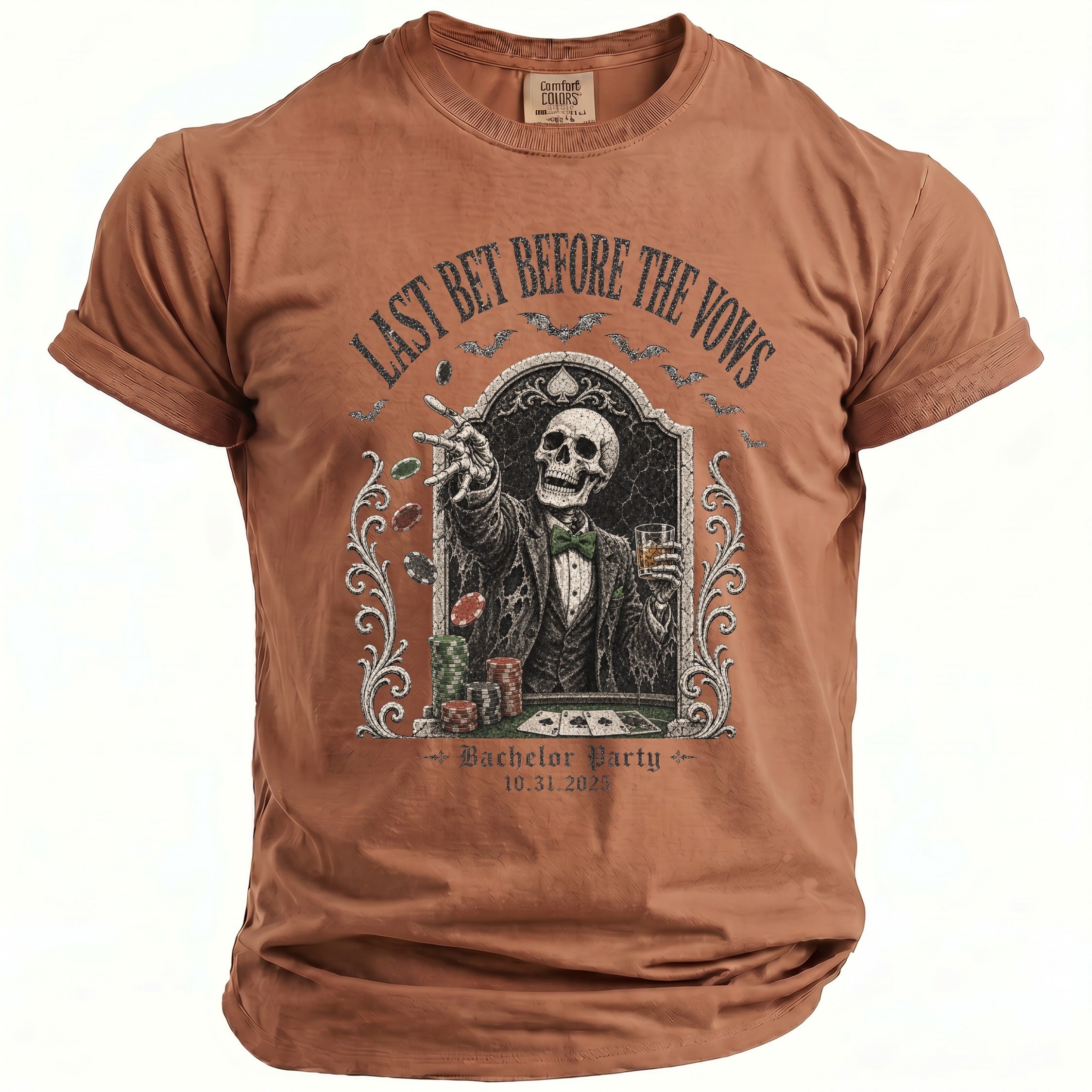 Brown t-shirt with skeleton playing poker, "Last Bet Before the Vows Bachelor Party" text.