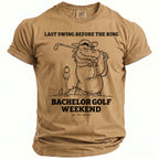 T-shirt with a cartoon dragon golfing and text "Last Swing Before The Ring Bachelor Golf Weekend".