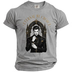 T-shirt with graphic of a vampire in a suit and text "ETERNAL BY CHOICE".