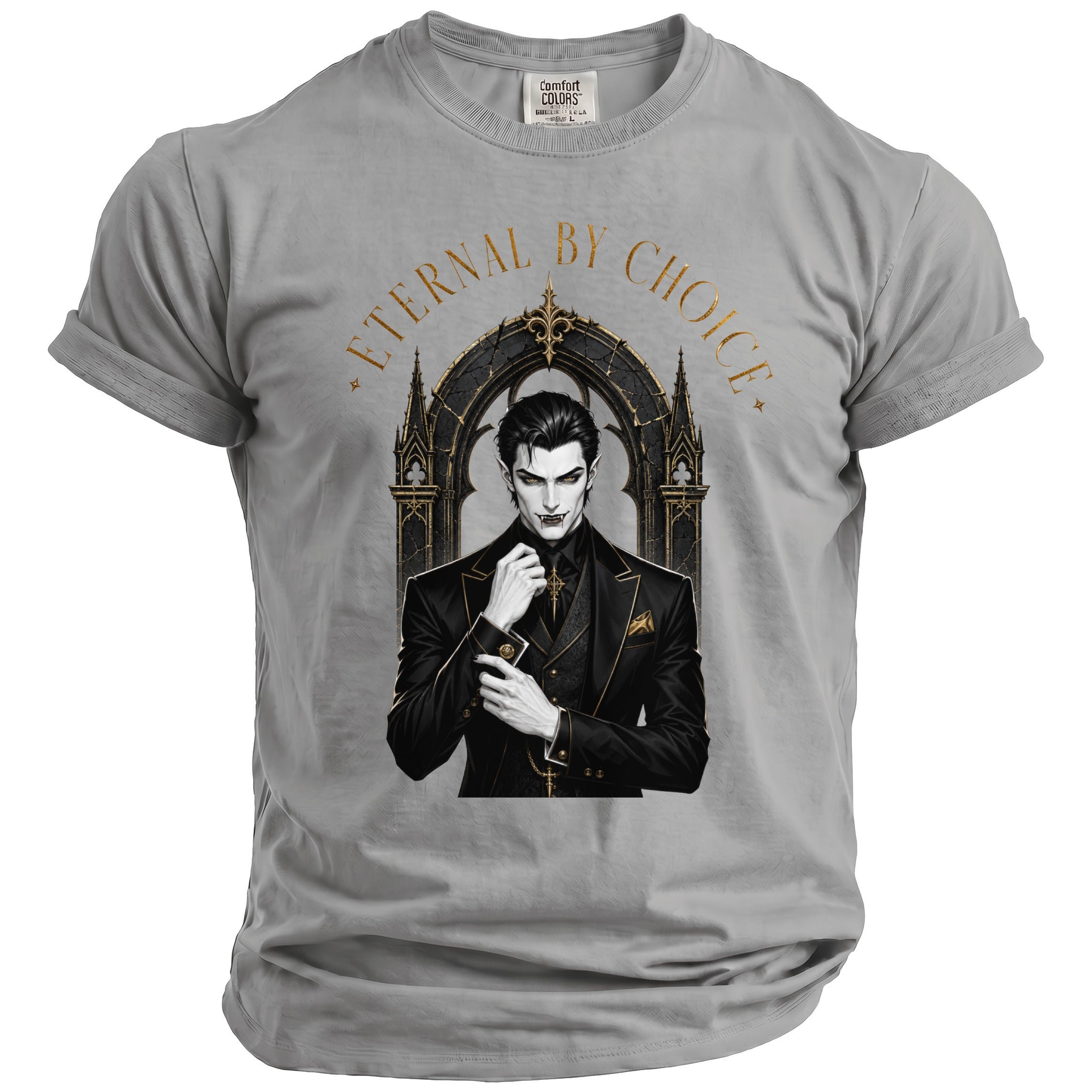 T-shirt with graphic of a vampire in a suit and text "ETERNAL BY CHOICE".