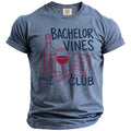 Blue t-shirt with "Bachelor Vines Club" and wine graphics.