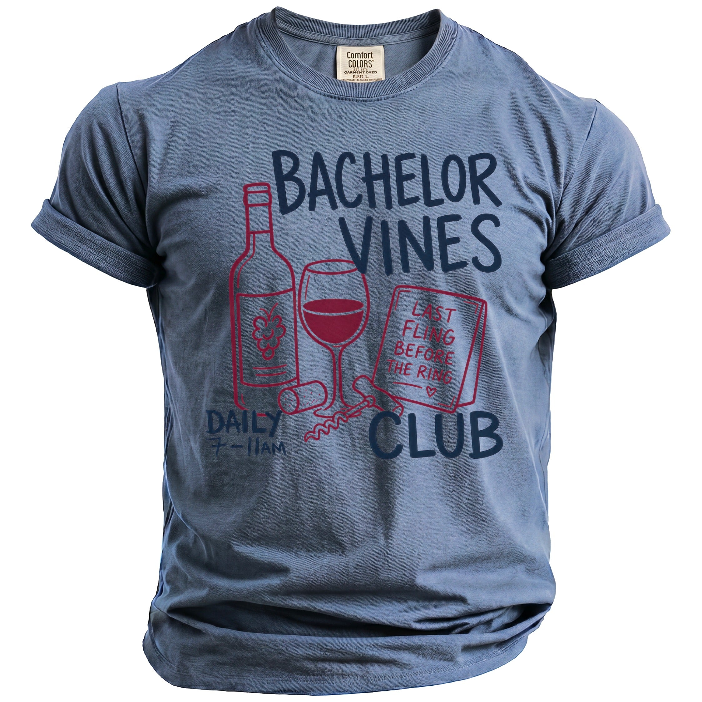 Blue t-shirt with "Bachelor Vines Club" and wine graphics.