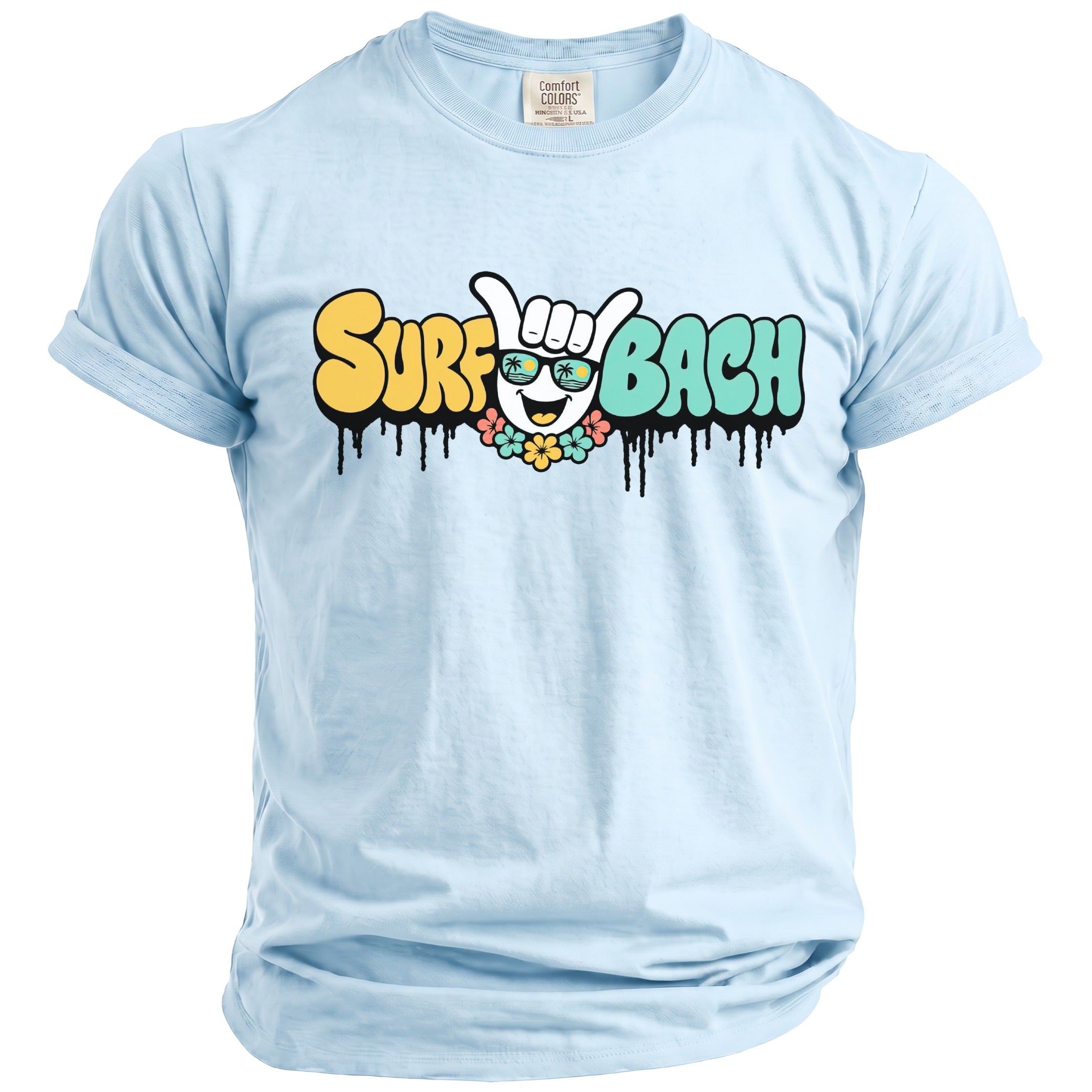 Light blue t-shirt with "Surf Bach" graphic featuring a smiling sun with sunglasses and flowers.