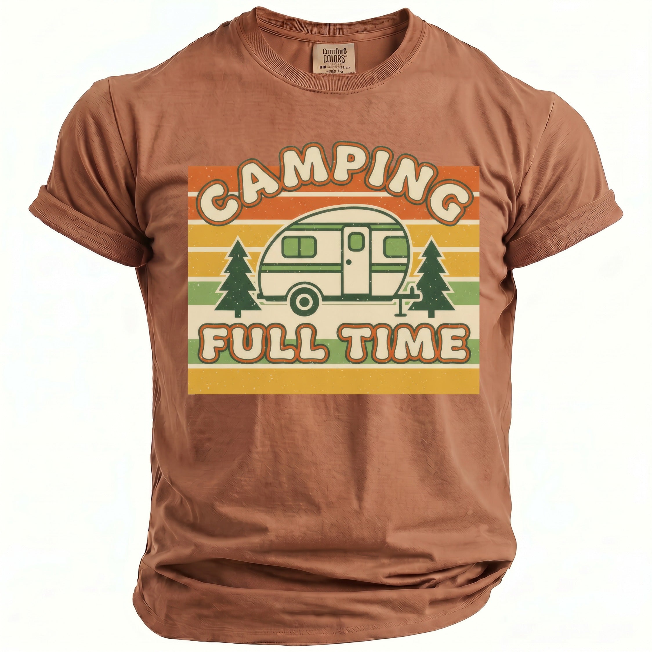 Brown t-shirt with retro graphic of camper, trees, and text "CAMPING FULL TIME".
