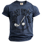 Navy t-shirt with "Last Swing Before The Ring" text, golf club, and ball.