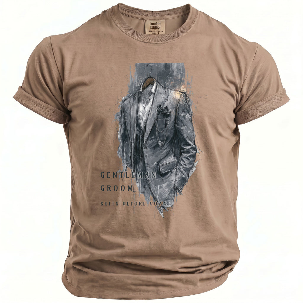 Taupe t-shirt with sketch of tuxedo and text "Gentleman Groom Suits Before Vows".
