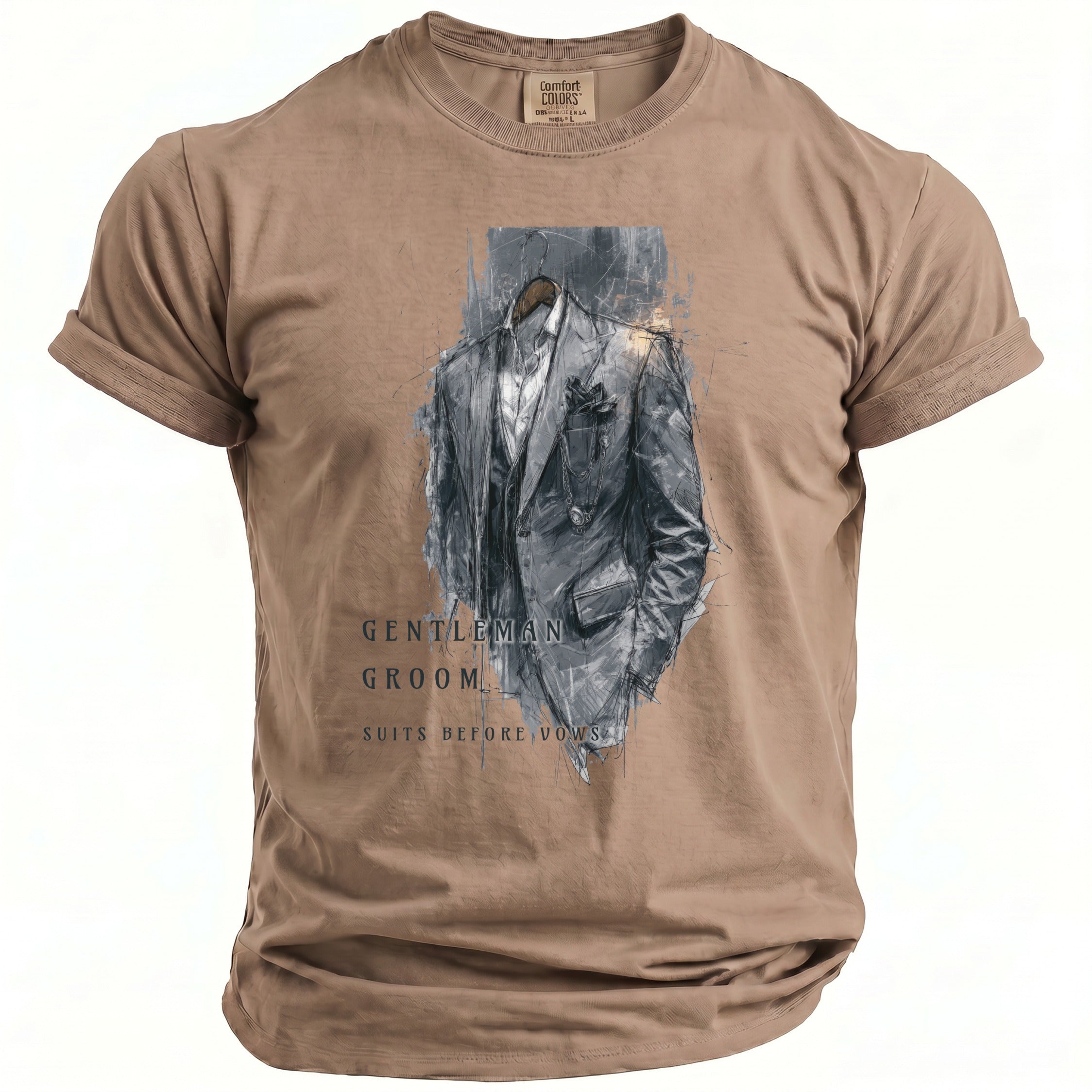Taupe t-shirt with sketch of tuxedo and text "Gentleman Groom Suits Before Vows".