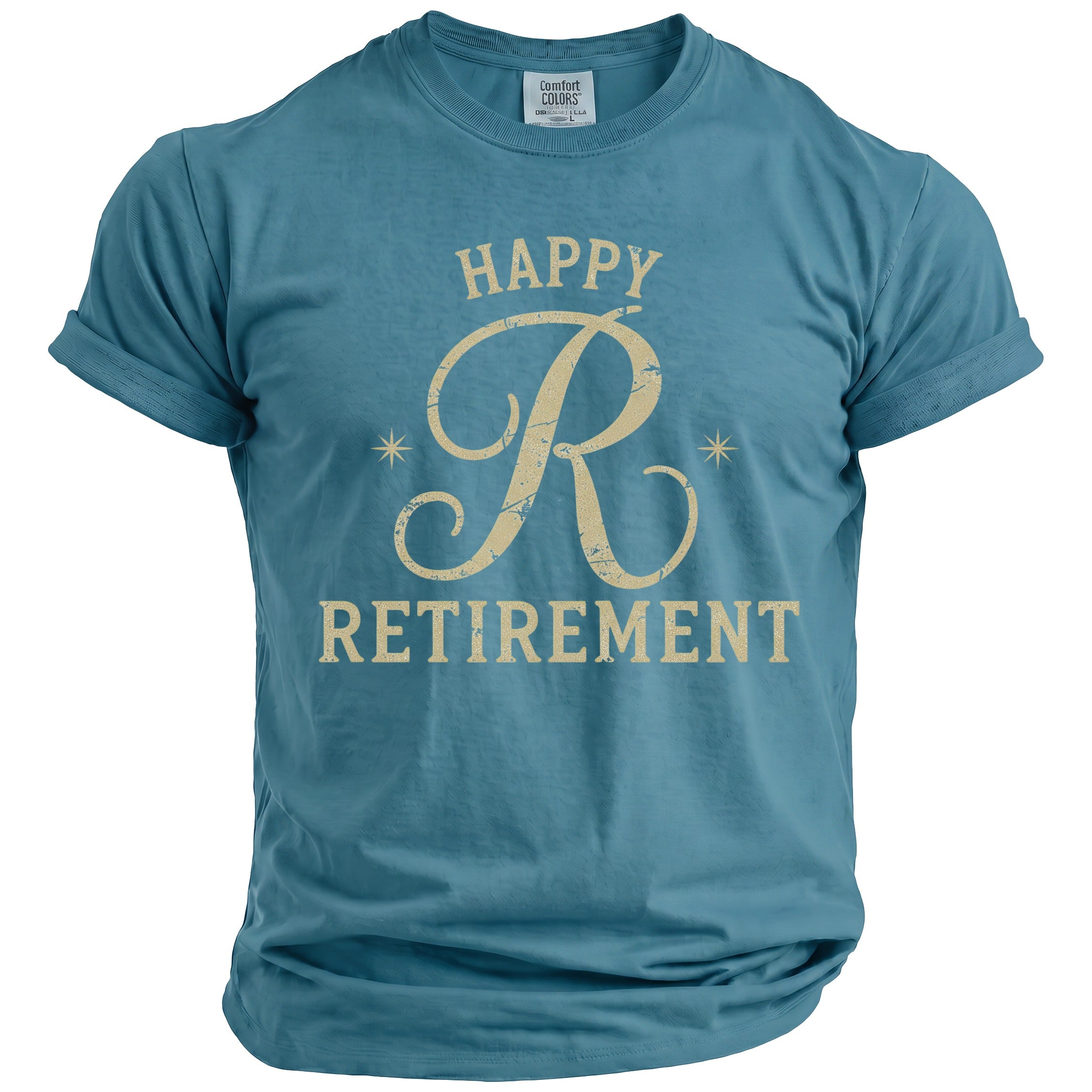 Blue t-shirt with "Happy R Retirement" graphic in distressed gold lettering.