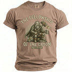 T-shirt featuring "The Fellowship of the Groom" with a dwarf holding a hammer and beer.