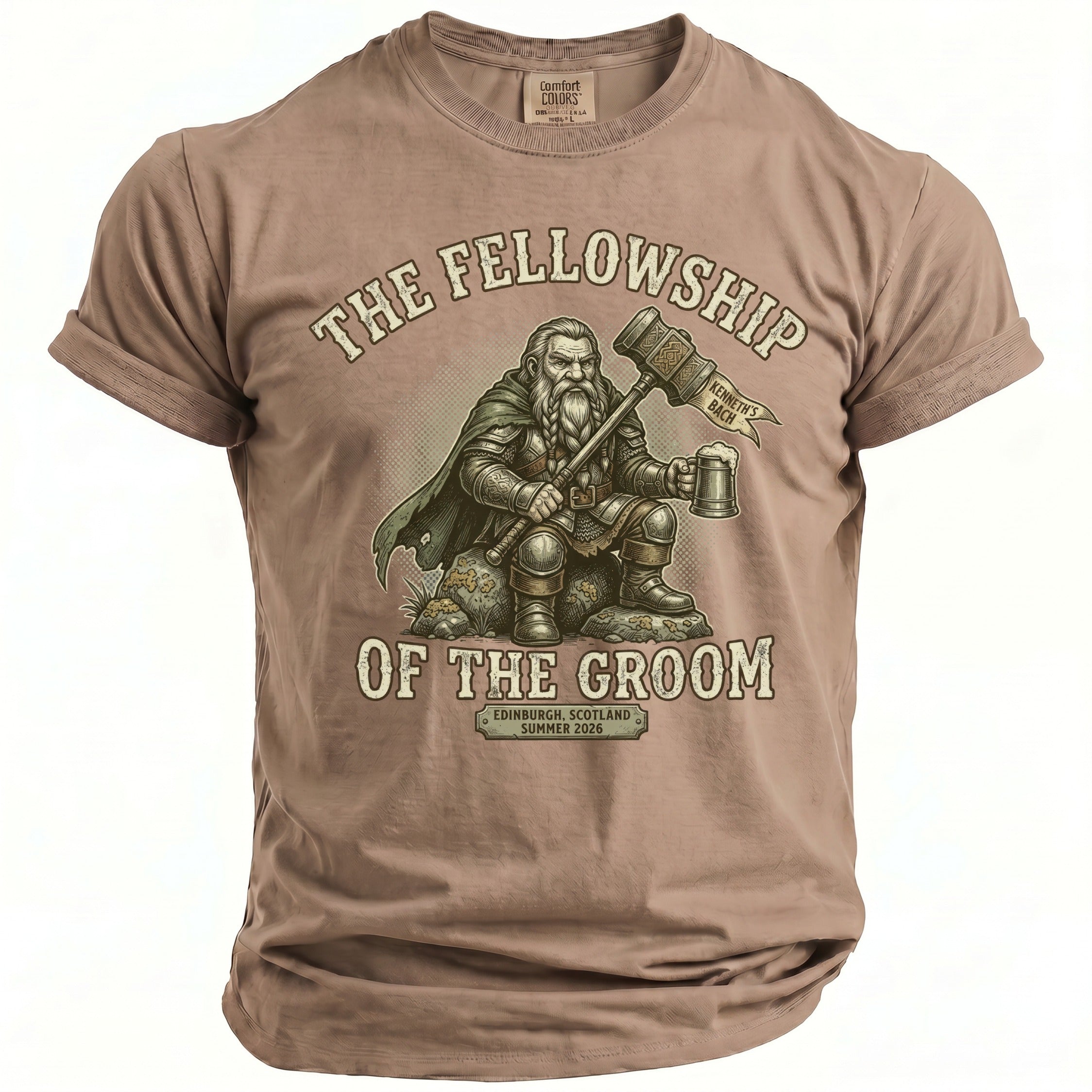 T-shirt featuring "The Fellowship of the Groom" with a dwarf holding a hammer and beer.