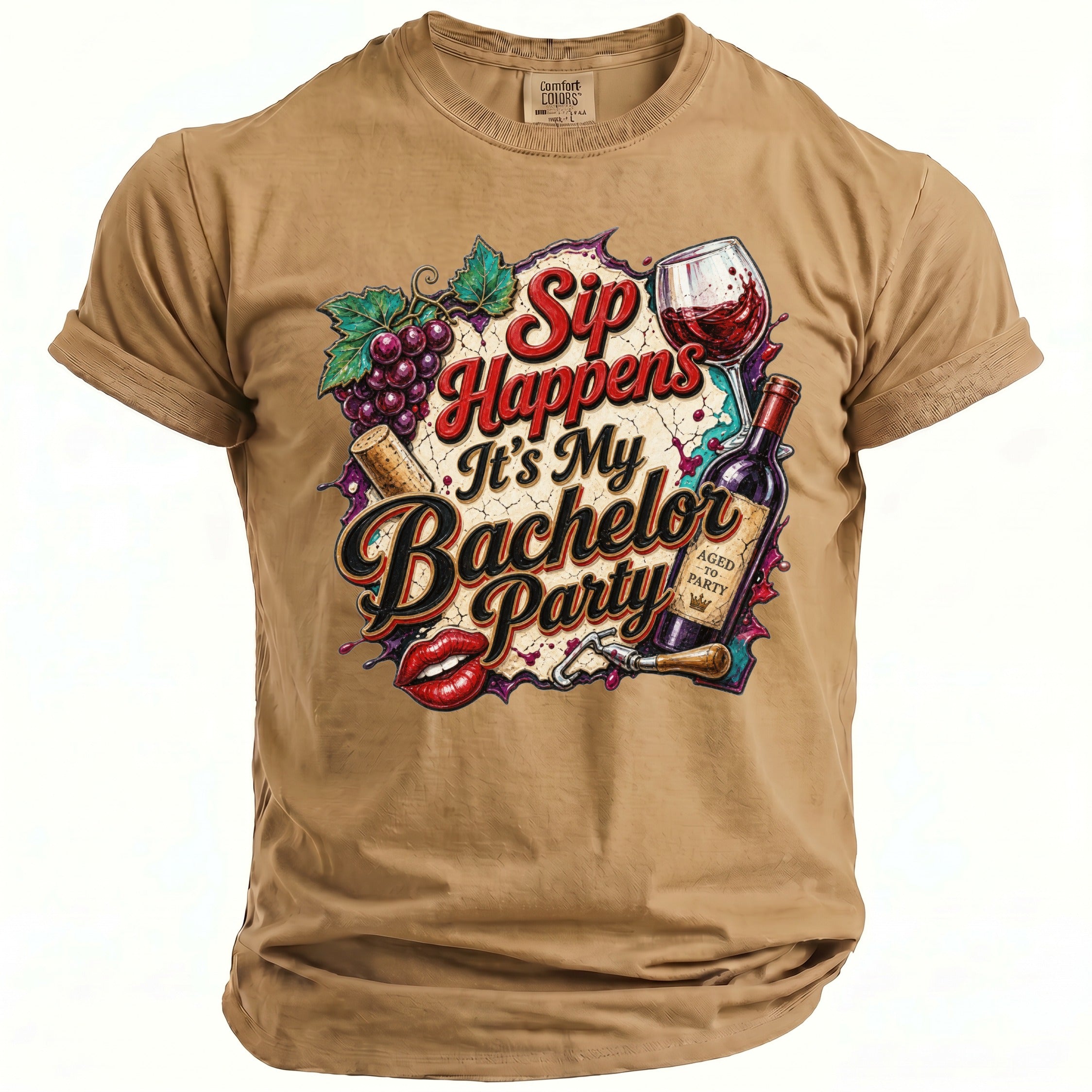Brown t-shirt with "Sip Happens It's My Bachelor Party" graphic.
