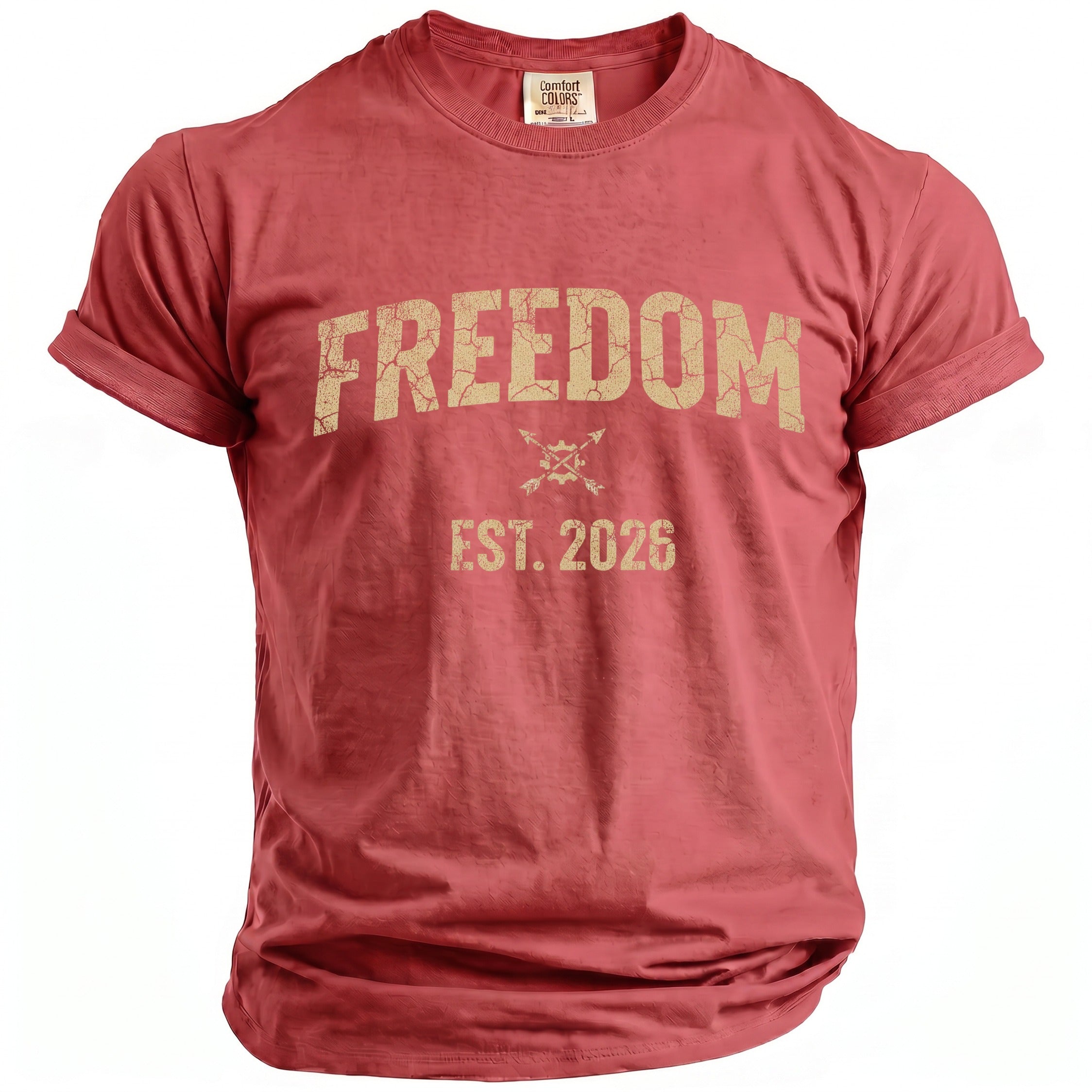 Red t-shirt with "FREEDOM EST. 2026" text and crossed arrows graphic.