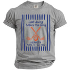 Grey t-shirt with "Last Swing Before the Ring" text, golf clubs, and ring illustration.