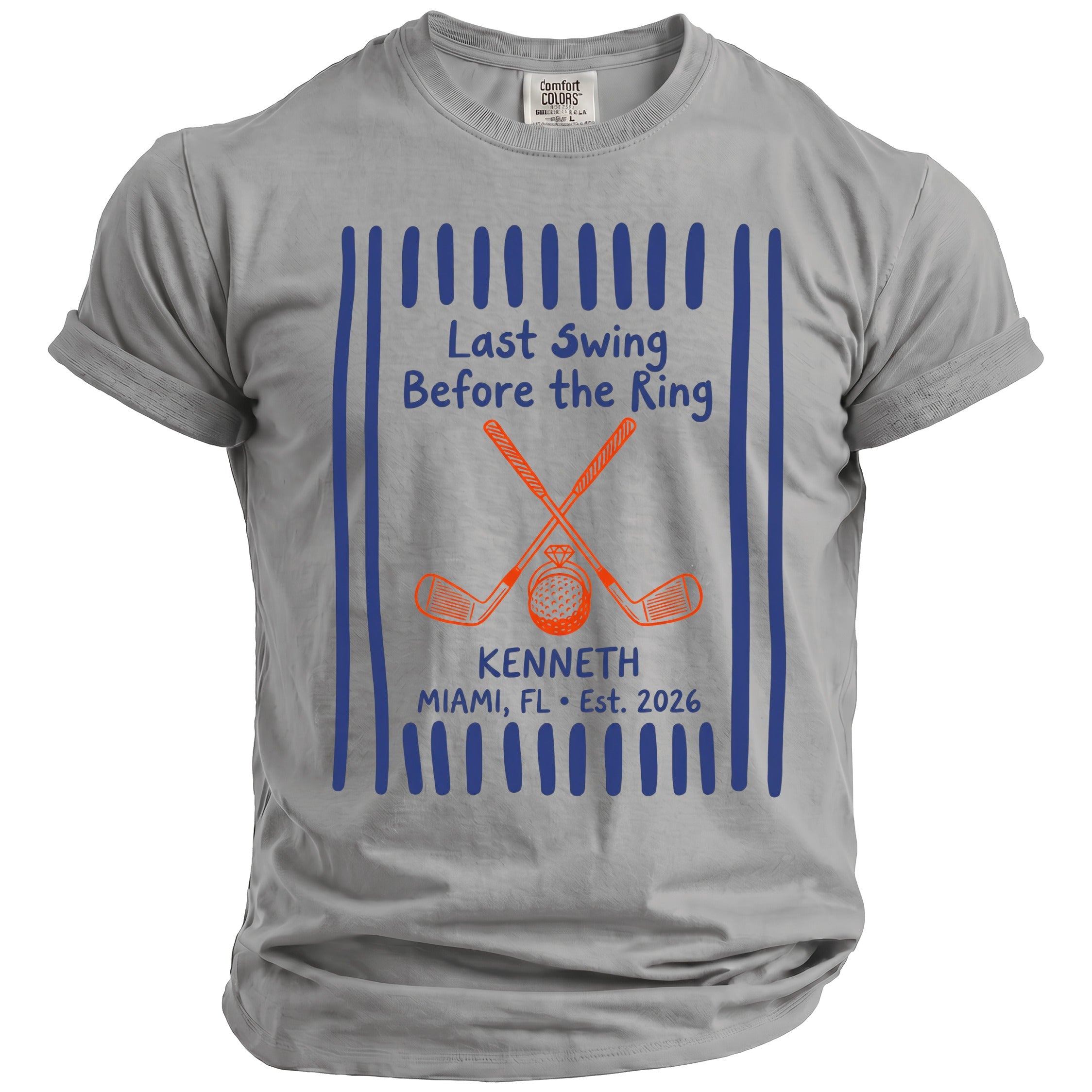 Grey t-shirt with "Last Swing Before the Ring" text, golf clubs, and ring illustration.