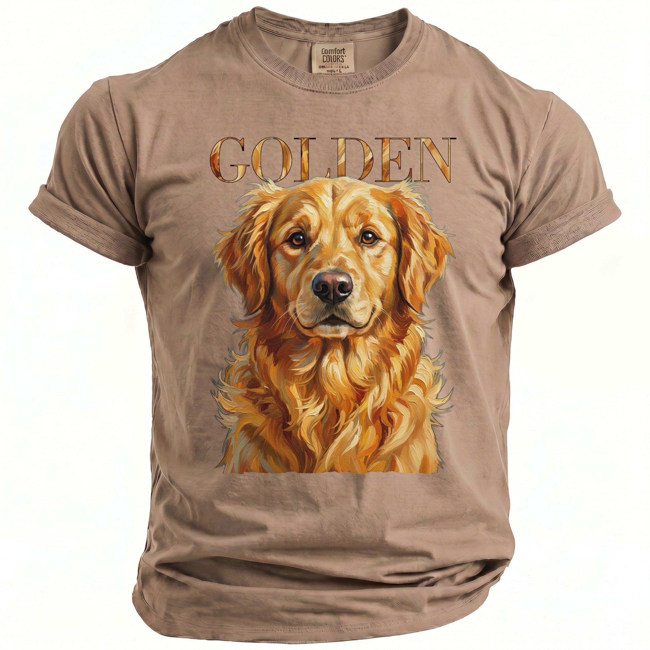 Taupe t-shirt with a golden retriever portrait and the word "GOLDEN" above it.