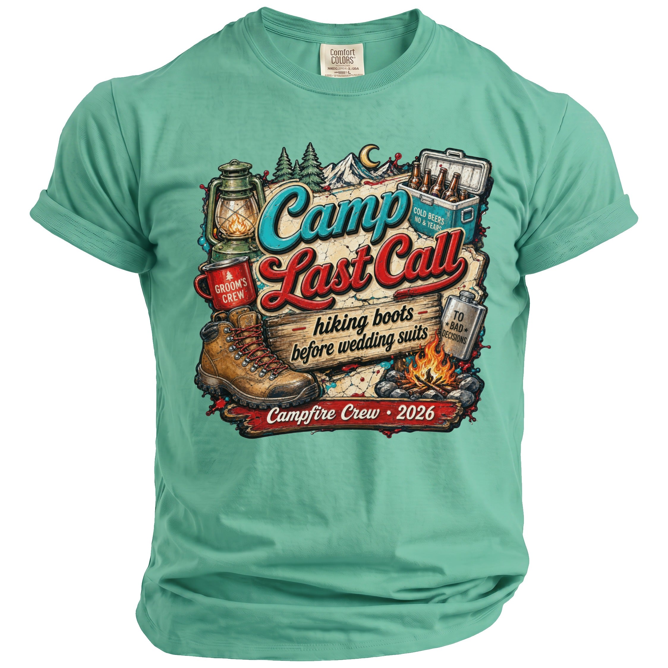 A mint green t-shirt featuring a camping-themed graphic with the text Camp Last Call.