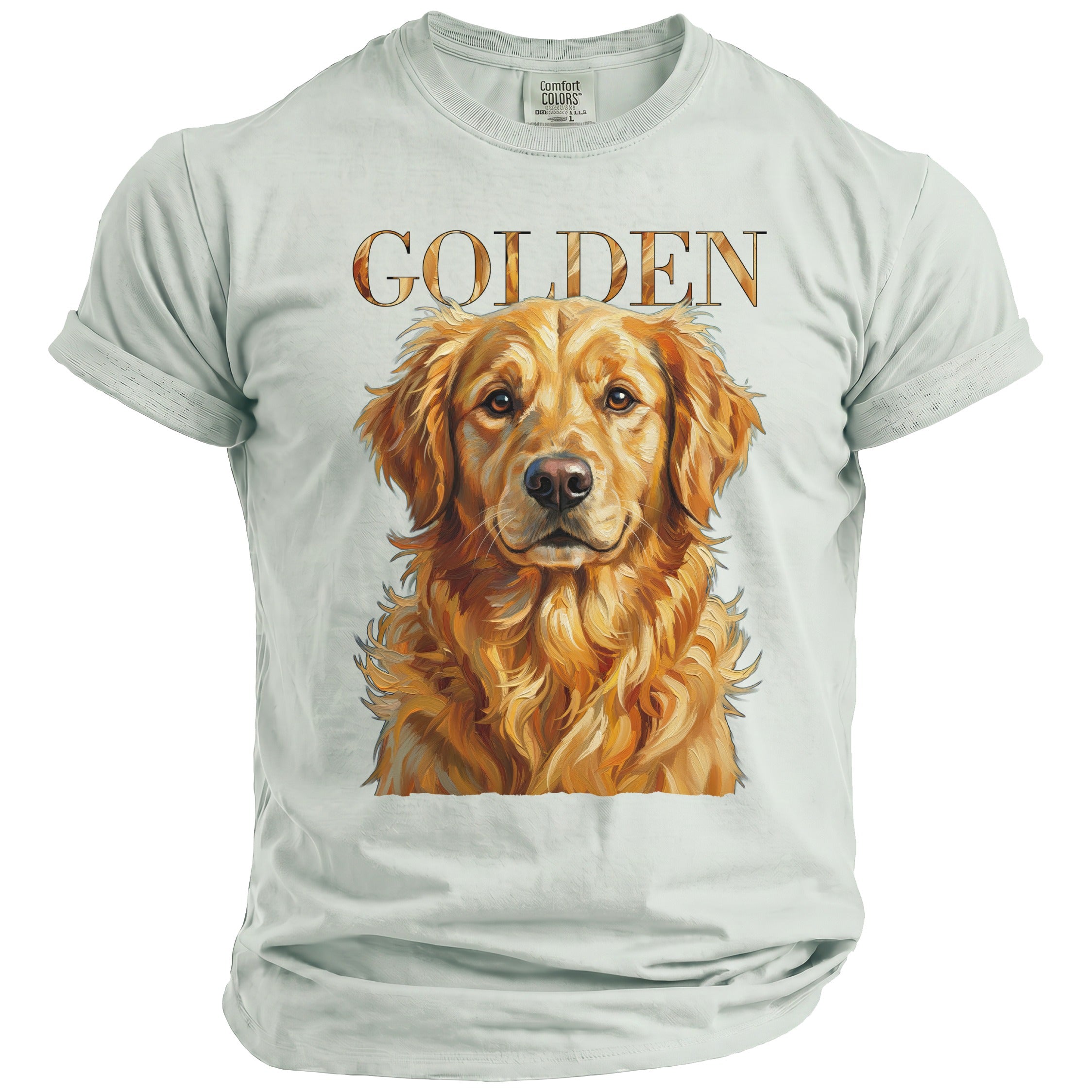 Light blue t-shirt with a painted golden retriever and the word "GOLDEN" above it.