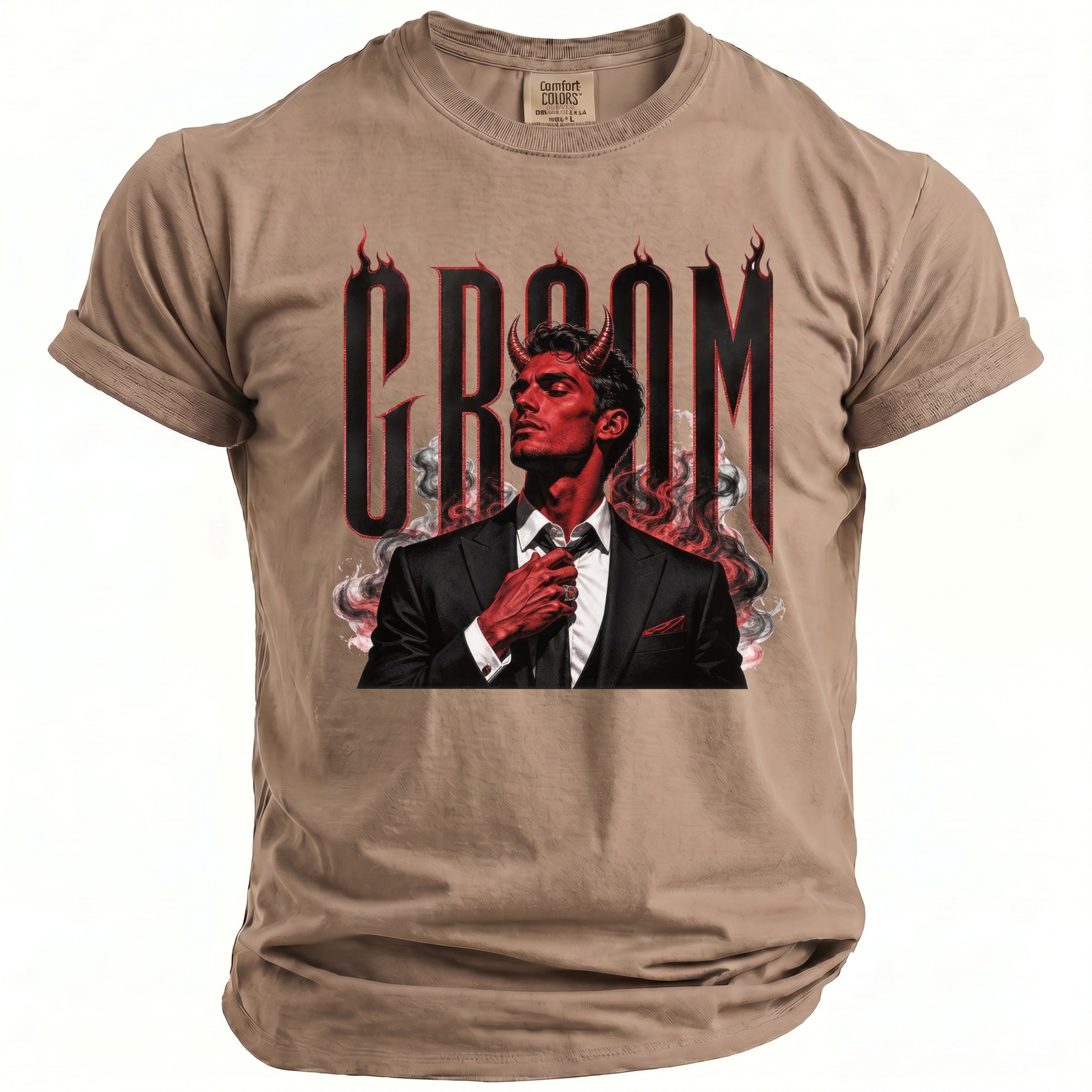 Tan t-shirt with gothic graphics of a devil and flames, spelling the word "GROOM".