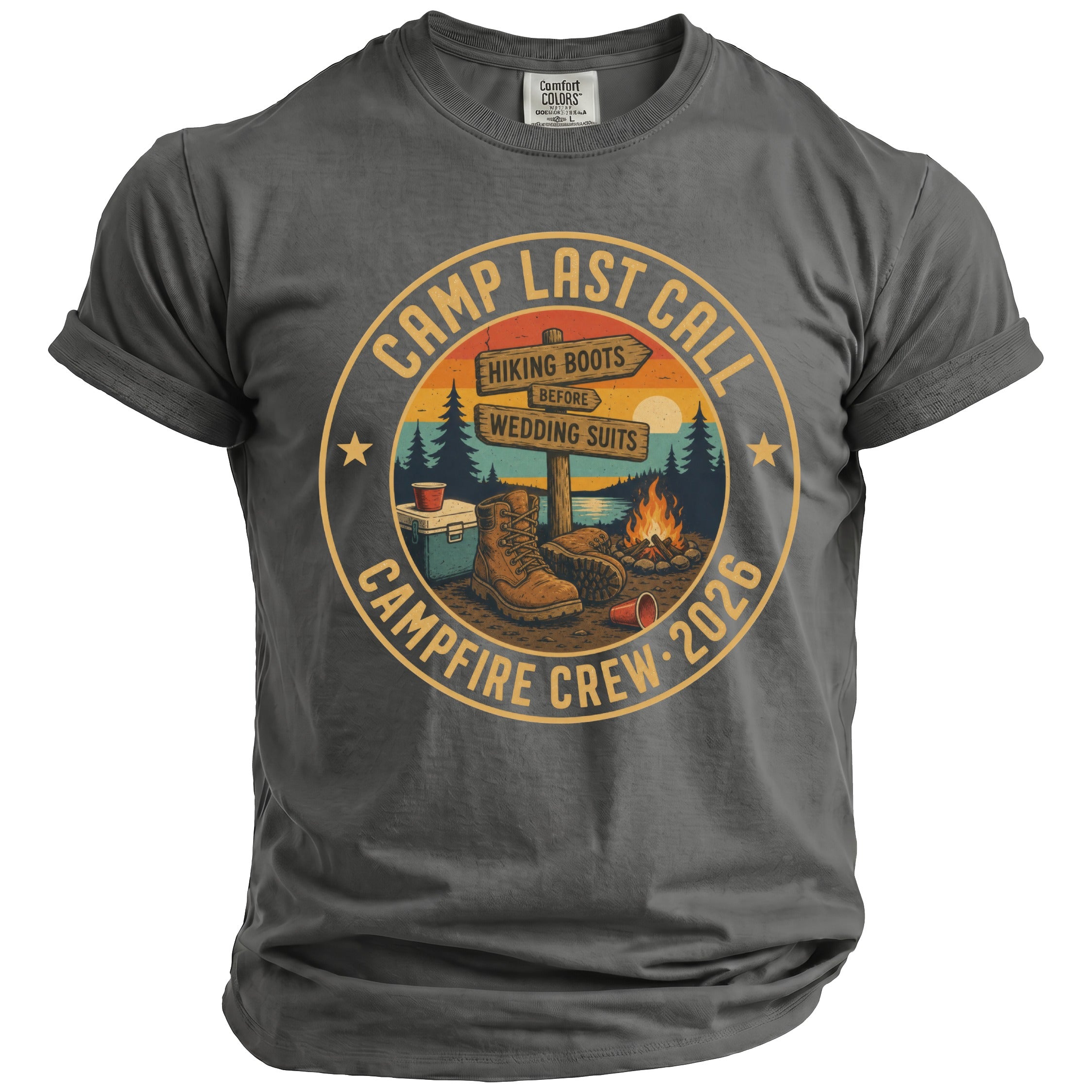Charcoal crewneck t-shirt featuring a camping graphic with text reading Camp Last Call Campfire Crew 2026.