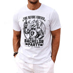 White t-shirt with a dragon holding a beer and the text "Fire Before Forever Bachelor Party".