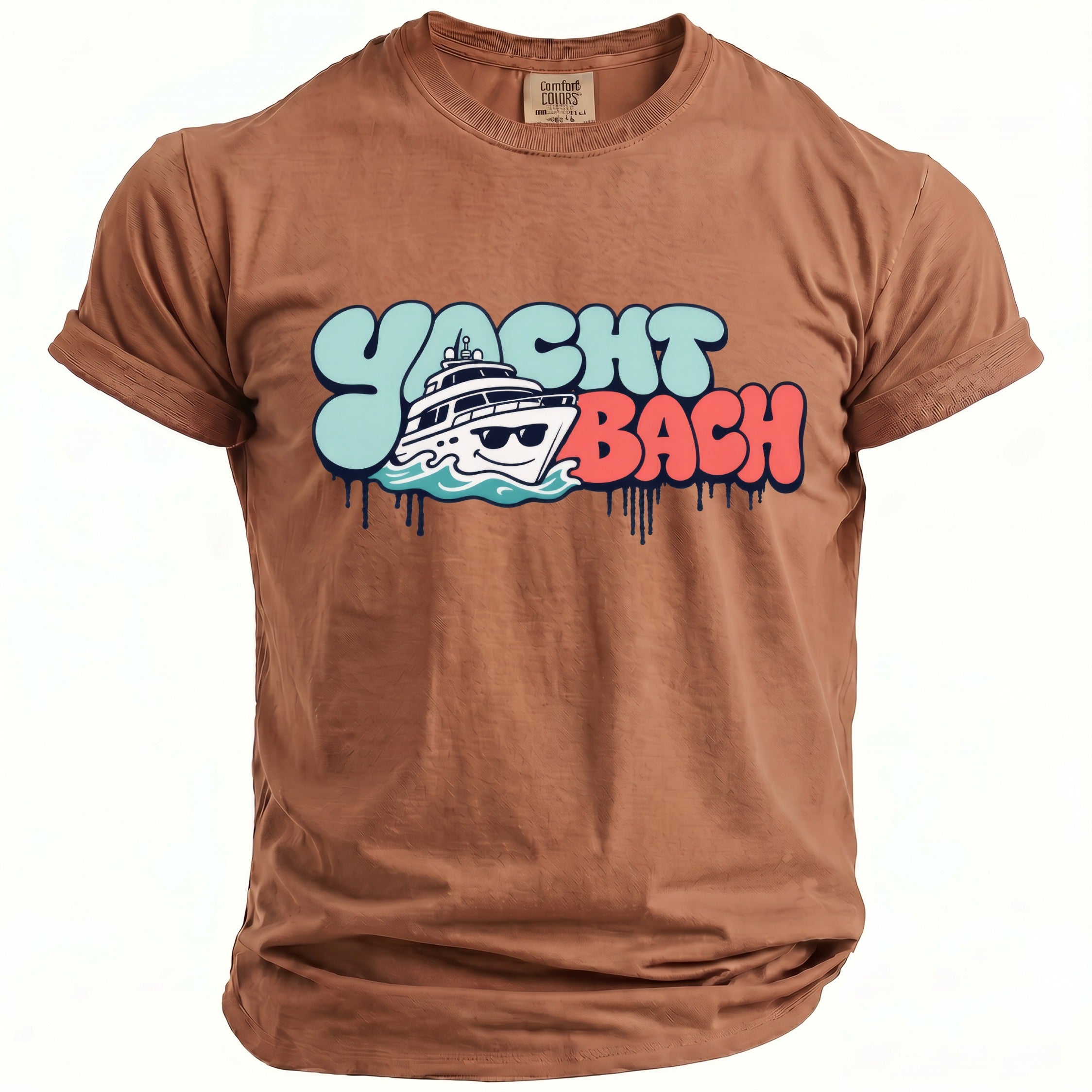 Brown t-shirt with "Yacht Bach" graphic and a smiling yacht.