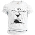 White t-shirt with "The Groom's Last Gamble All In Before The Ring" text and graphics.