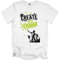 White t-shirt with "CREATE THE CHANGE" text and boy painting stars.