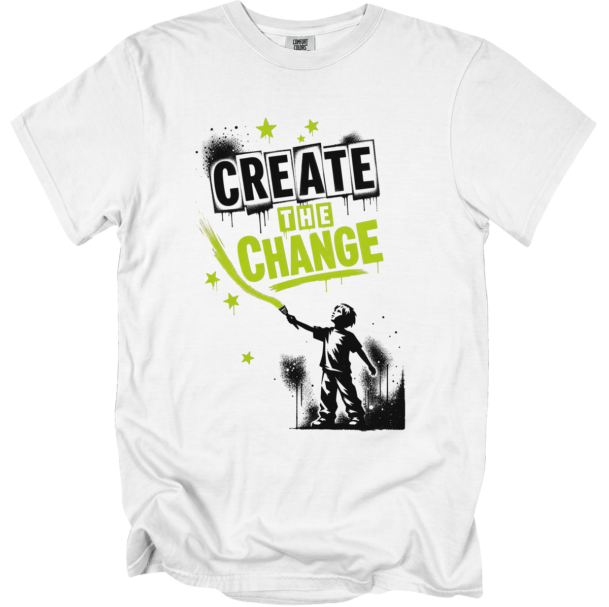 White t-shirt with "CREATE THE CHANGE" text and boy painting stars.