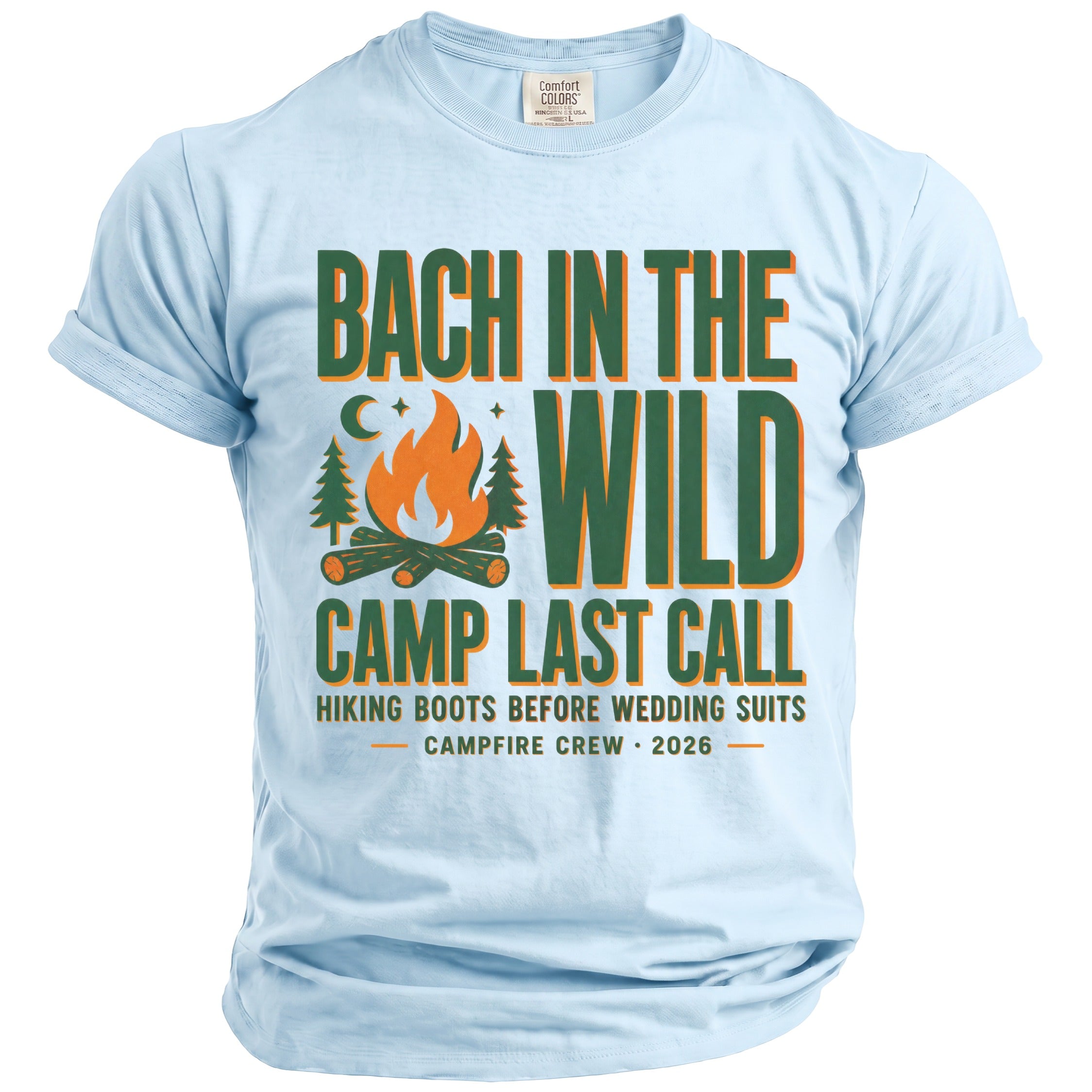Light blue t-shirt with "Bach in the Wild Camp Last Call" graphic and campfire.