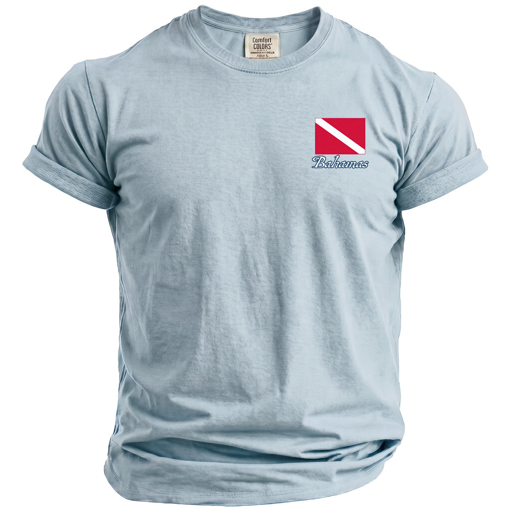 Light blue t-shirt with dive flag and "Bahamas" text on the left chest.
