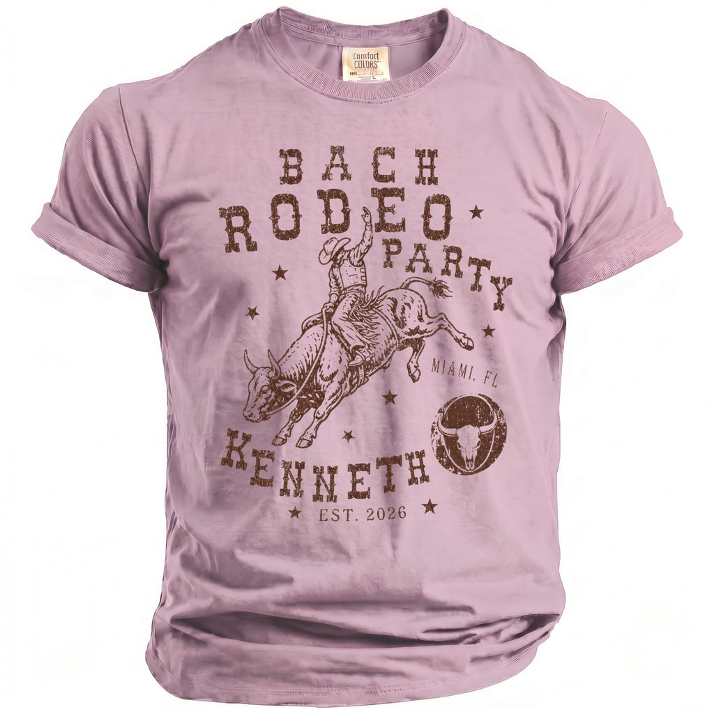 Bach Rodeo Party Kenneth t-shirt with bull rider graphic and Miami, FL est. 2026.
