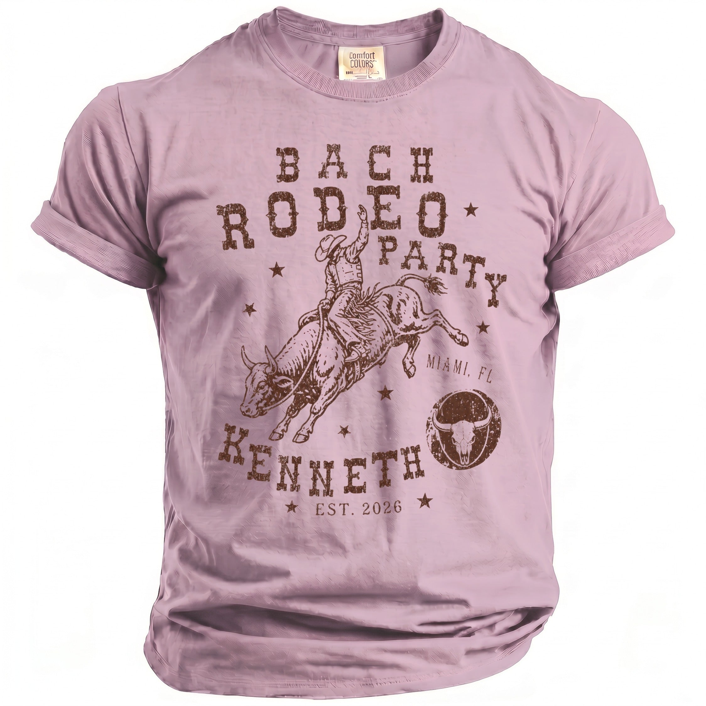 Bach Rodeo Party Kenneth t-shirt with bull rider graphic and Miami, FL est. 2026.