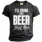 Black t-shirt with white text reading "I'LL BRING THE BEER Best Man".