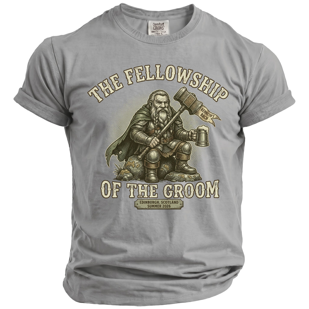 T-shirt graphic of a seated, armored dwarf holding a hammer and beer mug, with text.