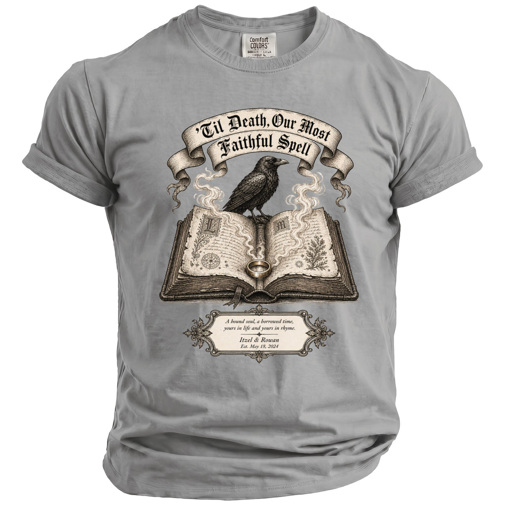 Raven on open book with text 'Til Death, Our Most Faithful Spell.