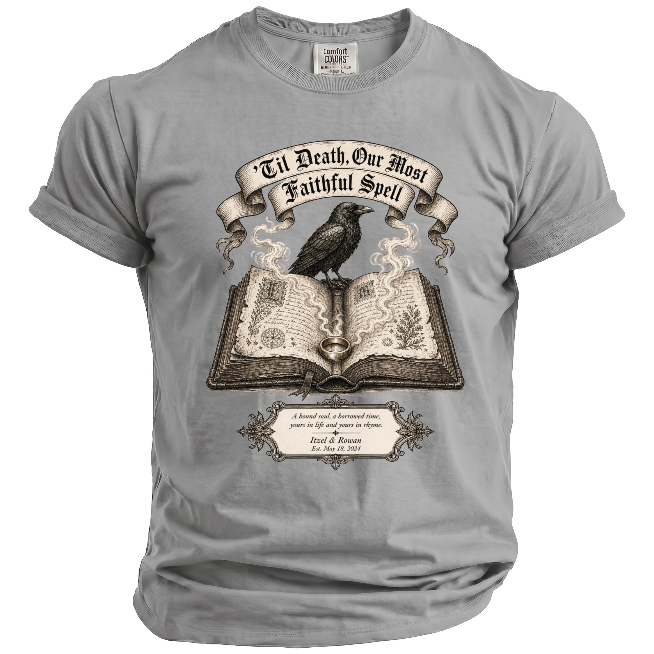 Raven on open book with text 'Til Death, Our Most Faithful Spell.
