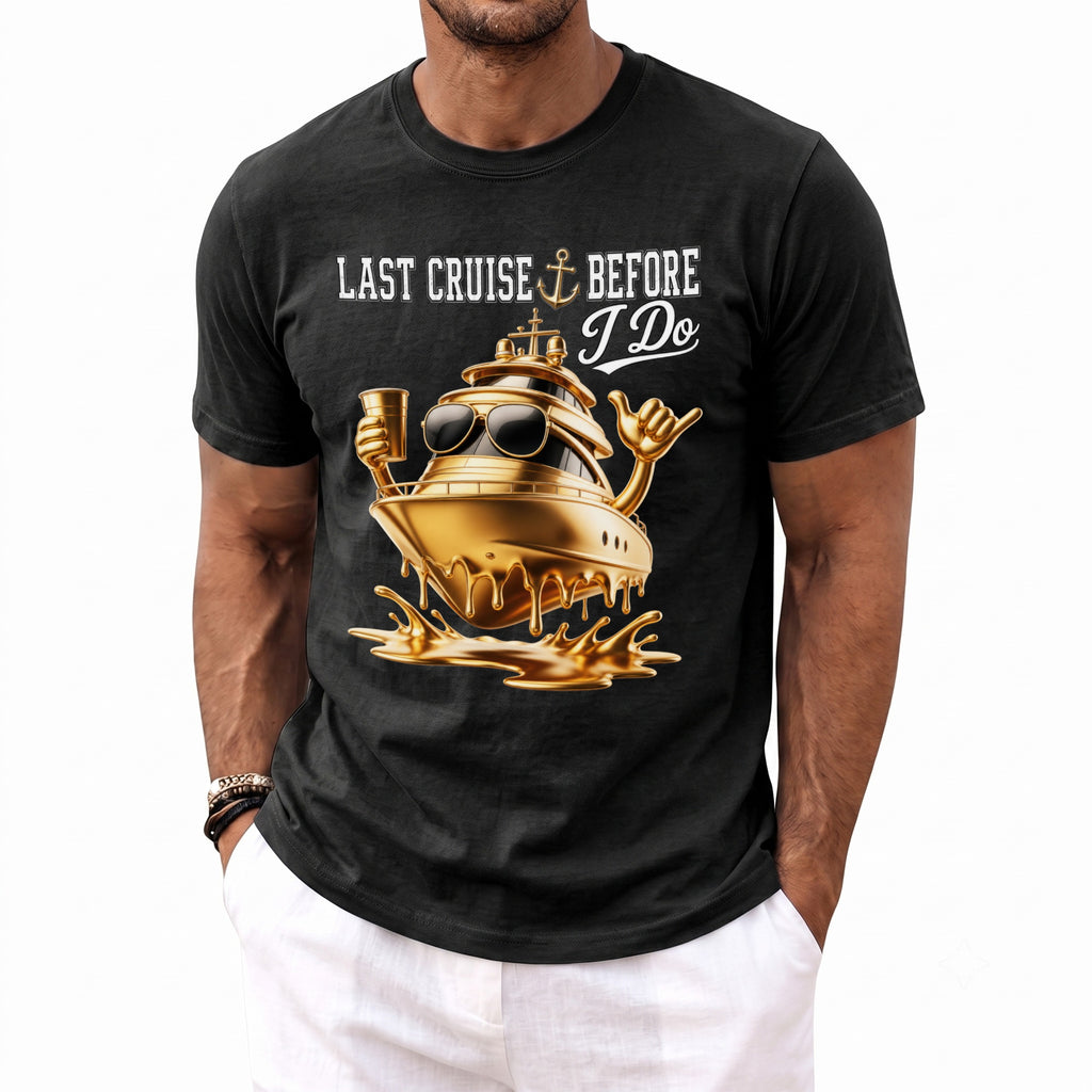 Black t-shirt with gold yacht graphic and "Last Cruise Before I Do" text.