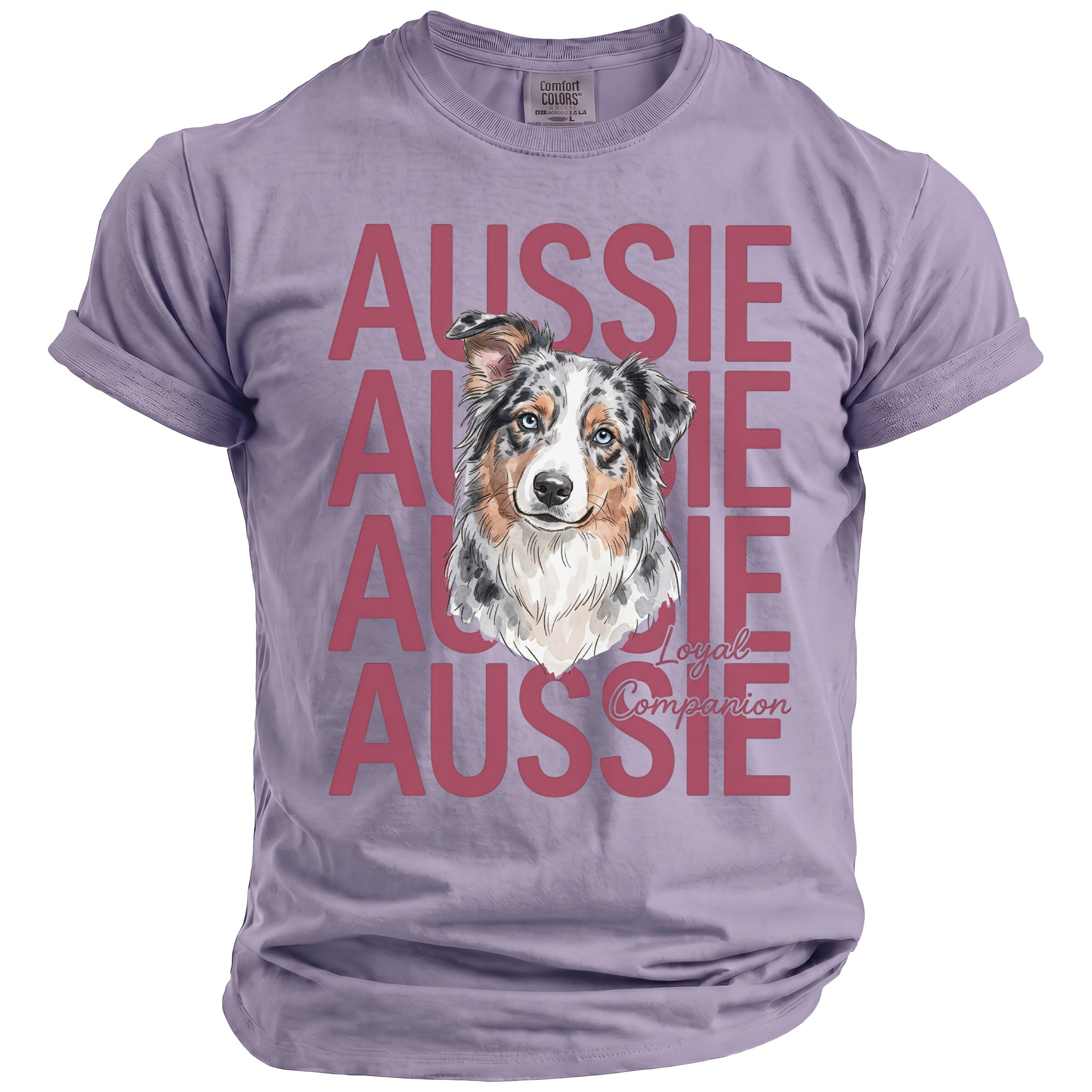 Purple t-shirt with watercolor Australian Shepherd dog and repeated "Aussie" text.