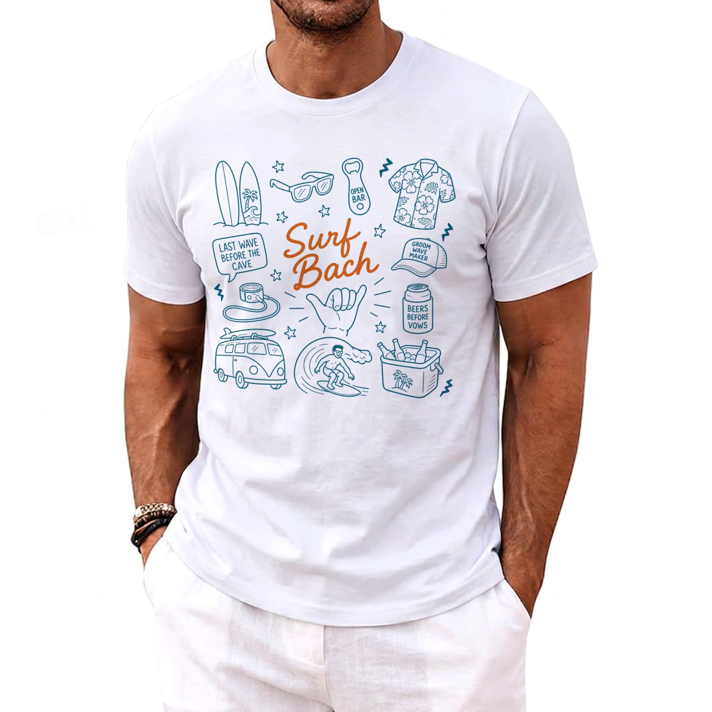 White t-shirt with "Surf Bach" text and surf-themed illustrations.