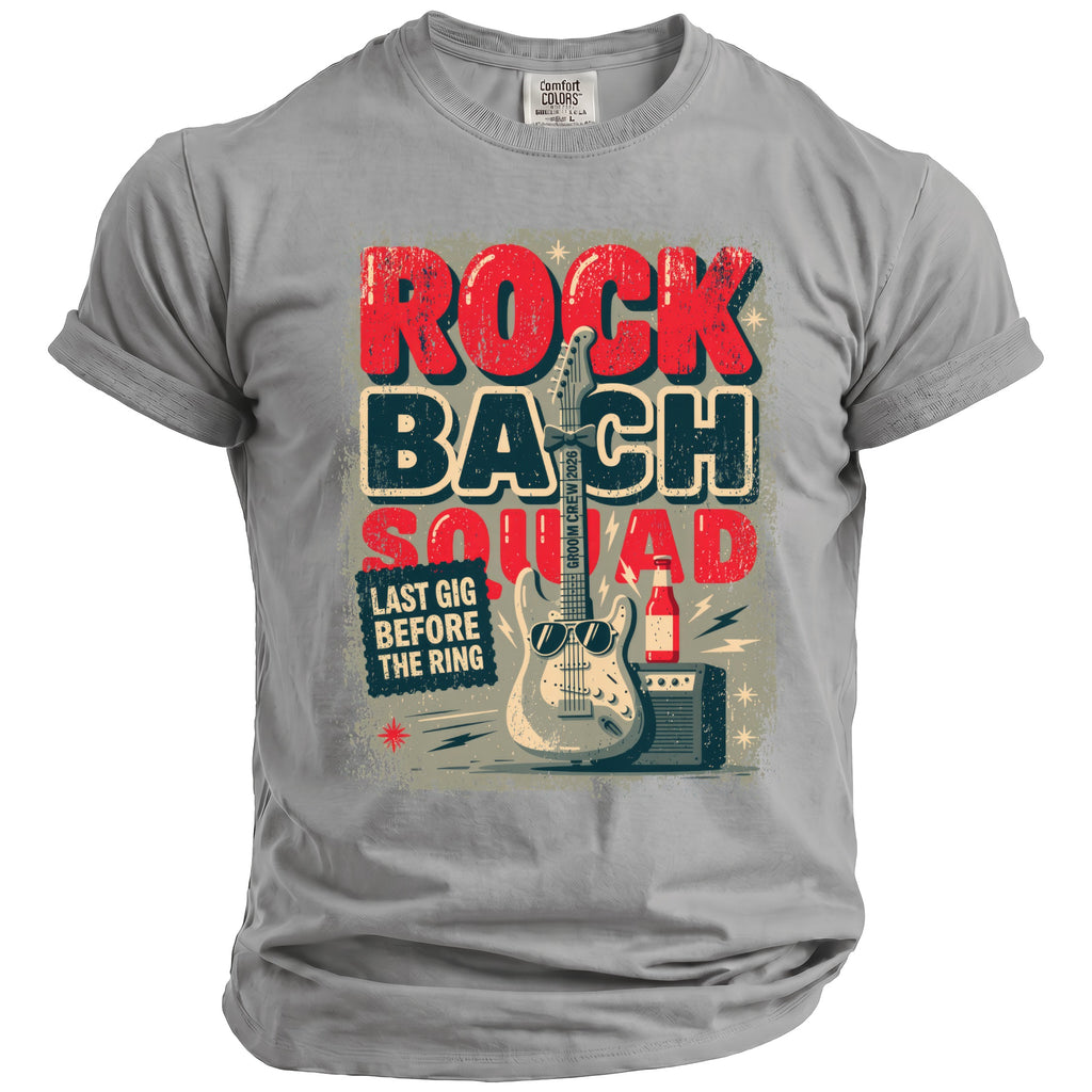 Rock Bach Squad: Last Gig Before The Ring graphic t-shirt with guitar and amplifier.