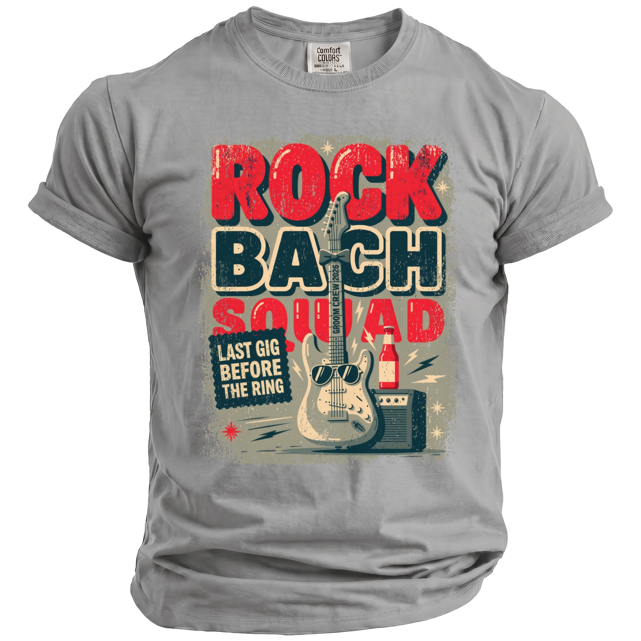 Rock Bach Squad: Last Gig Before The Ring graphic t-shirt with guitar and amplifier.