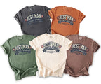 T-shirts in gray, orange, green, cream, and brown with "Best Man Officially Appointed Bachelor Party 2026" graphic.