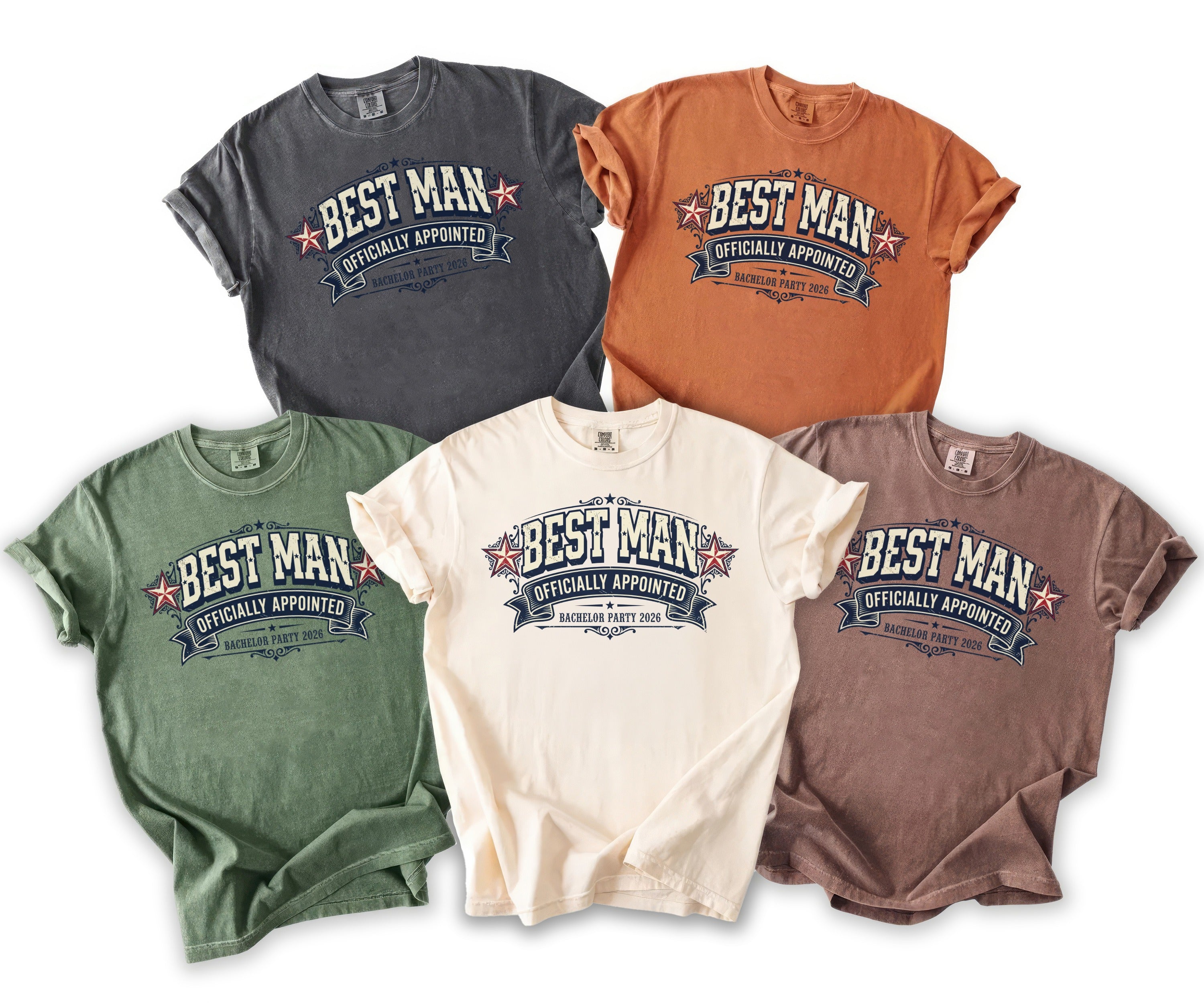 T-shirts in gray, orange, green, cream, and brown with "Best Man Officially Appointed Bachelor Party 2026" graphic.