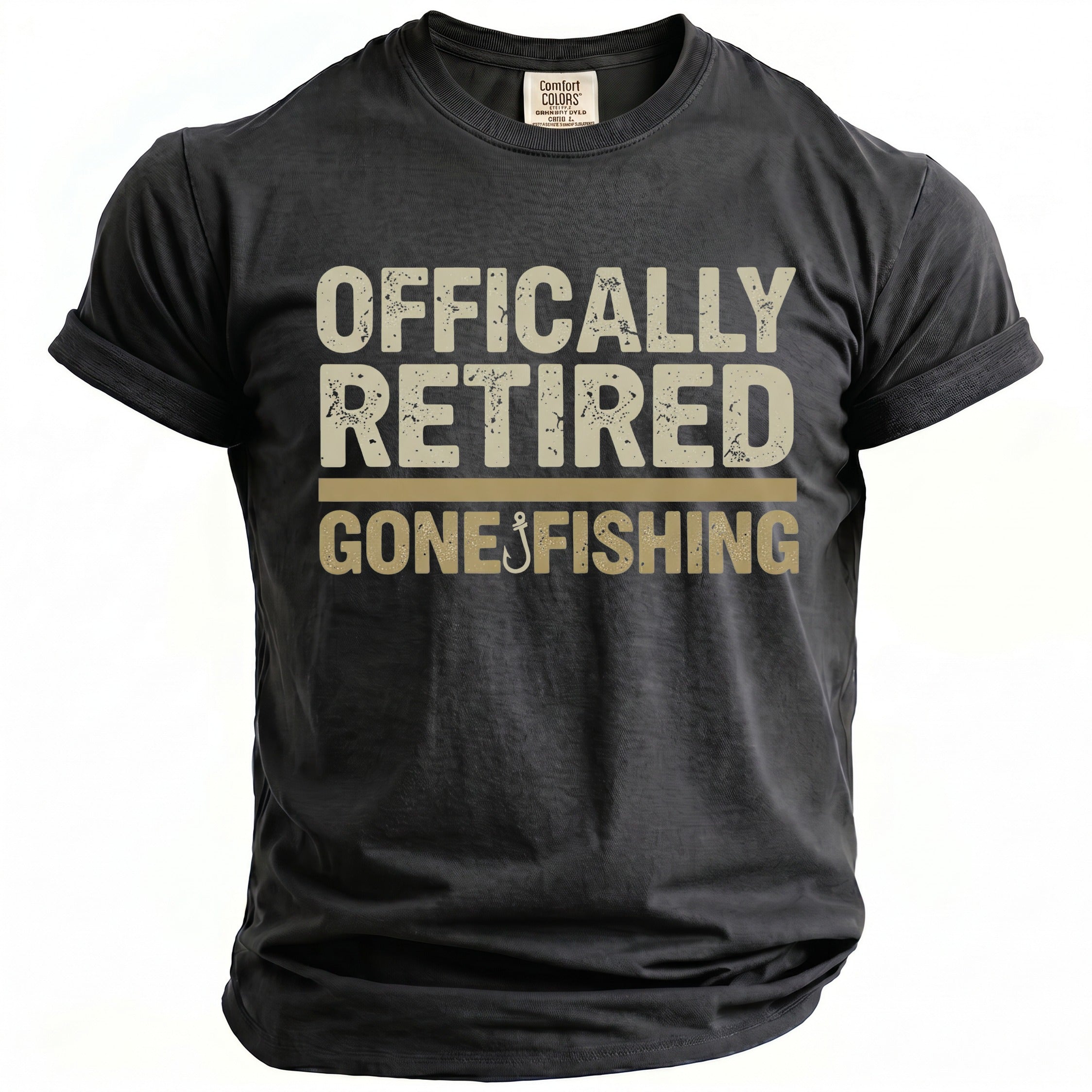Dark grey t-shirt with "OFFICALLY RETIRED GONE FISHING" text and fishing hook.