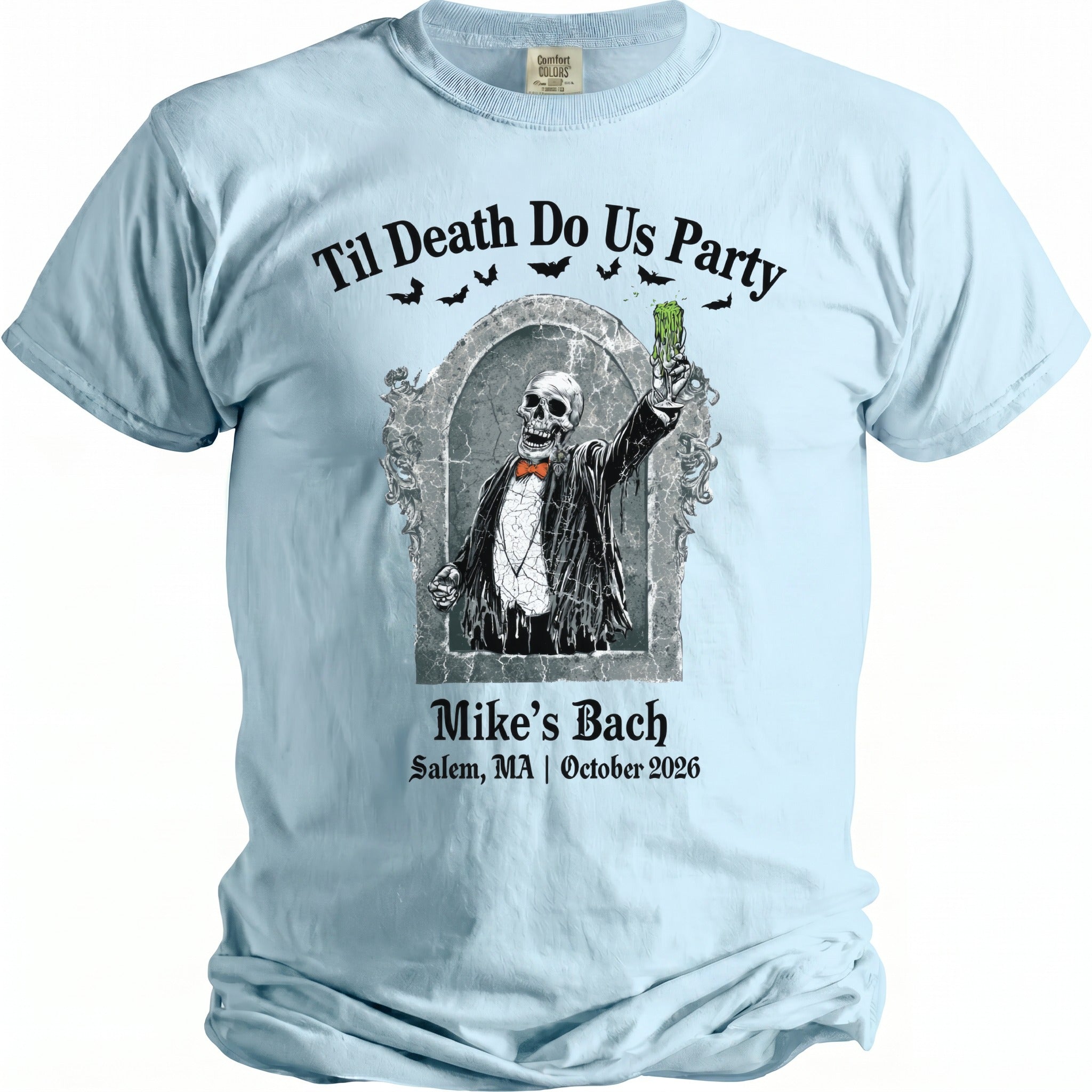 T-shirt with a skeleton in a tuxedo, holding a drink, and text "Til Death Do Us Party".