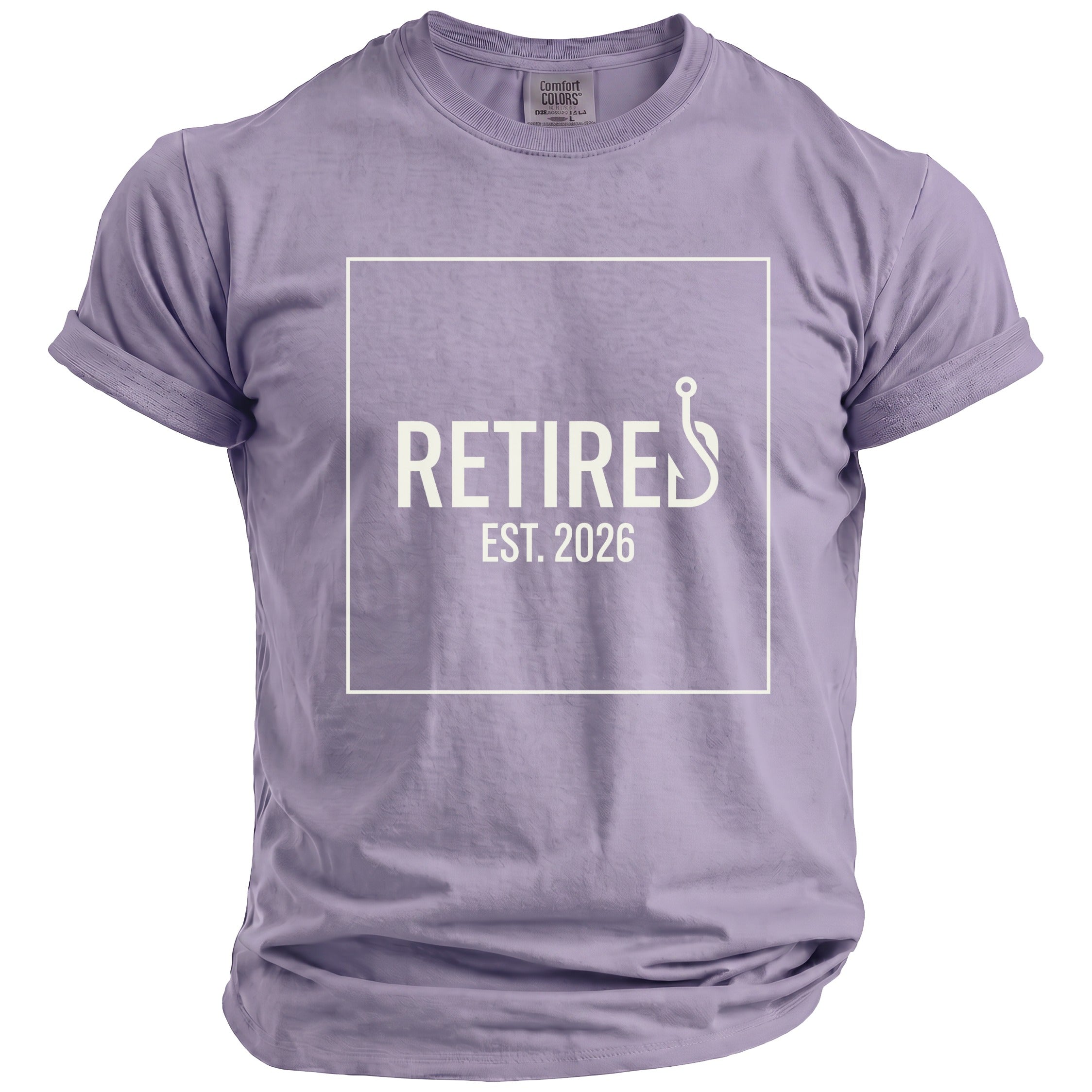 Lavender t-shirt with "RETIRED EST. 2026" text and fishing hook graphic.