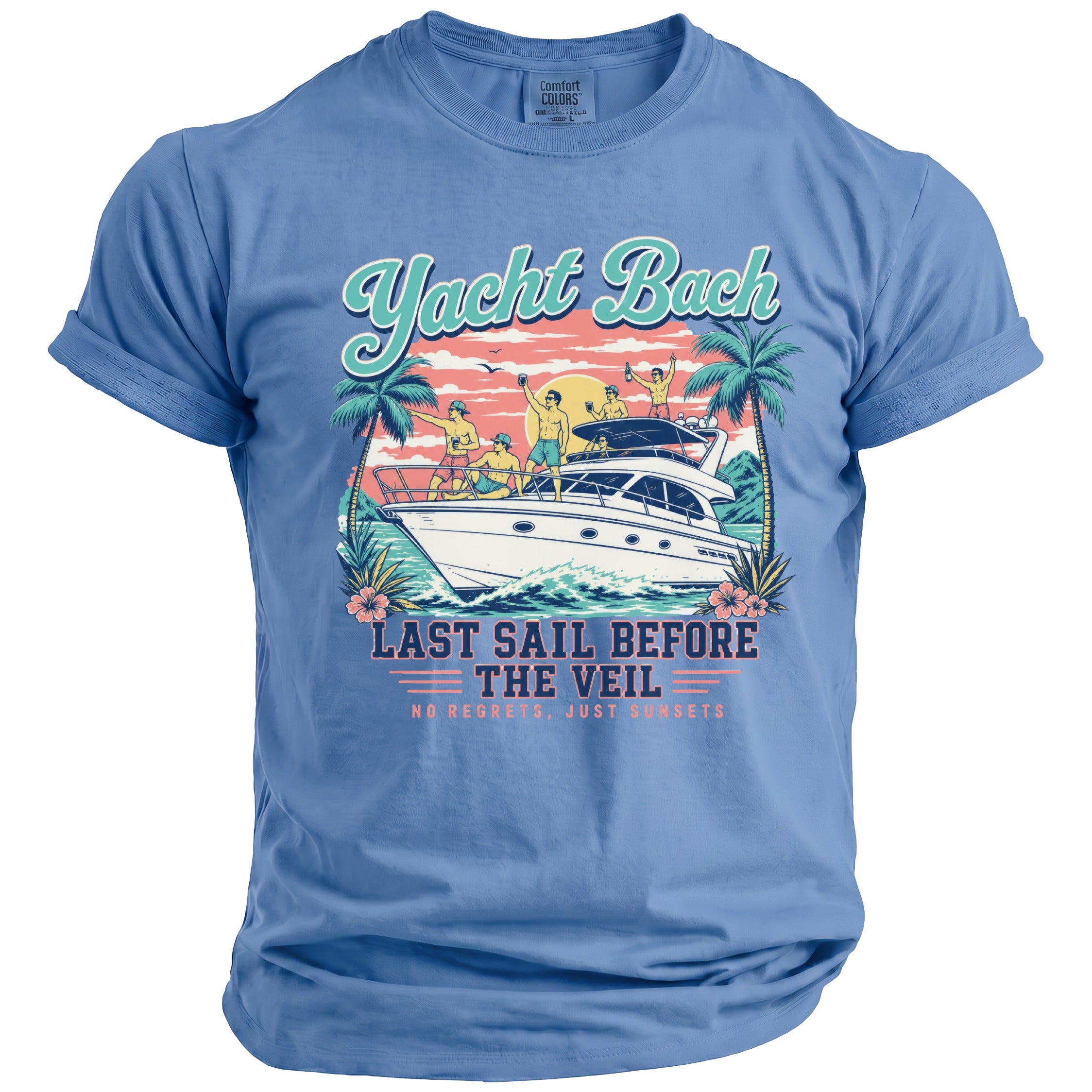A blue t-shirt featuring a graphic illustration of men on a yacht with the text Yacht Bach Last Sail Before The Veil.