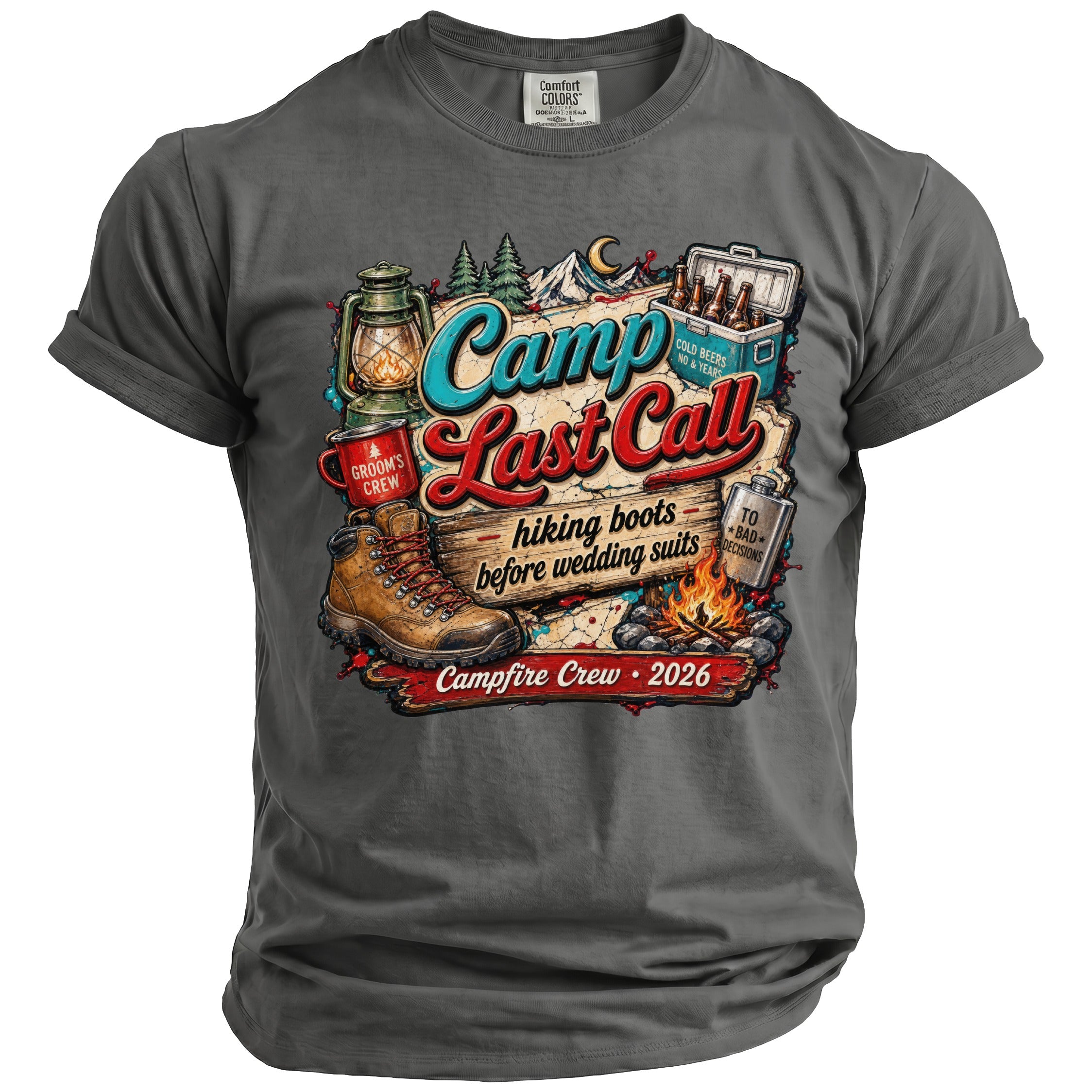 Charcoal grey t-shirt featuring a camping graphic with mountains, a lantern, hiking boots, and text reading Camp Last Call.