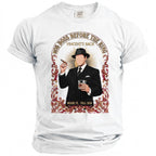 White t-shirt with illustration of a man in a suit holding a cigar and drink.